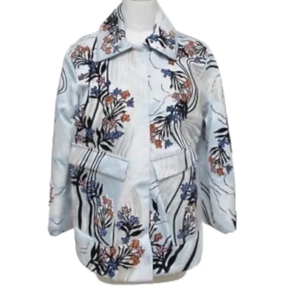 H&M CONSCIOUS Coat Jacket Blue Velvet Floral Embroidery Long Sleeve S BNWT - Picture 1 of 8
